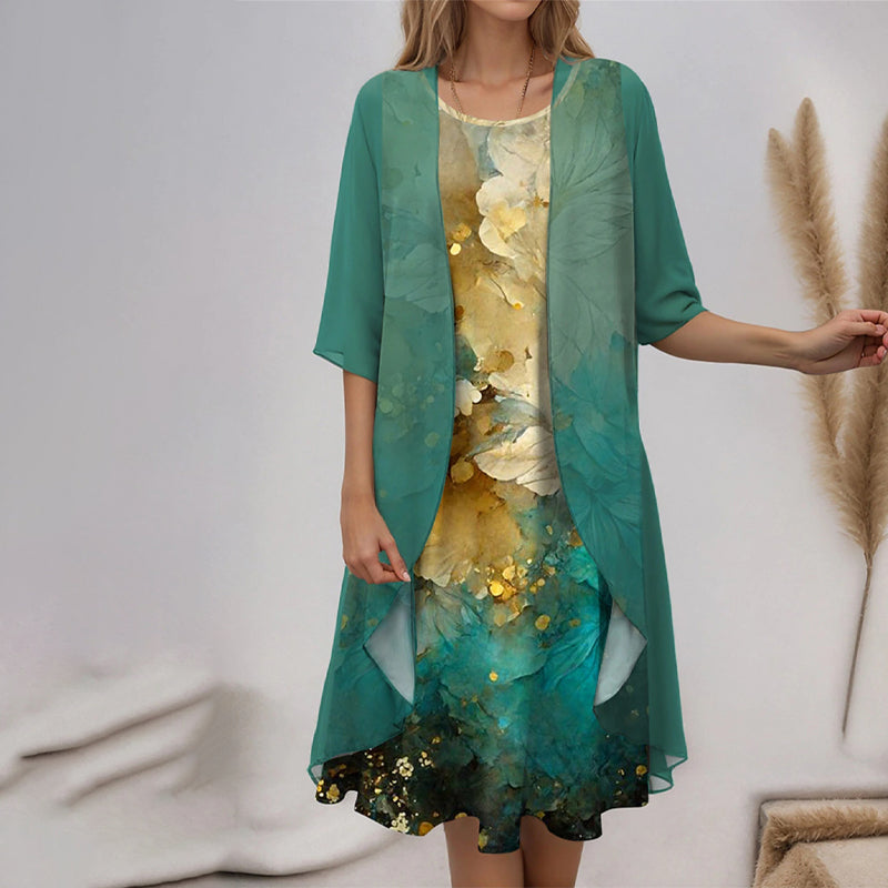 Eleny - Elegant two-piece floral chiffon dress set