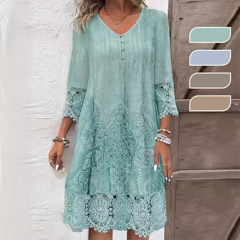 Maia™ - Elegant lace dress with half sleeves and V-neckline for women.