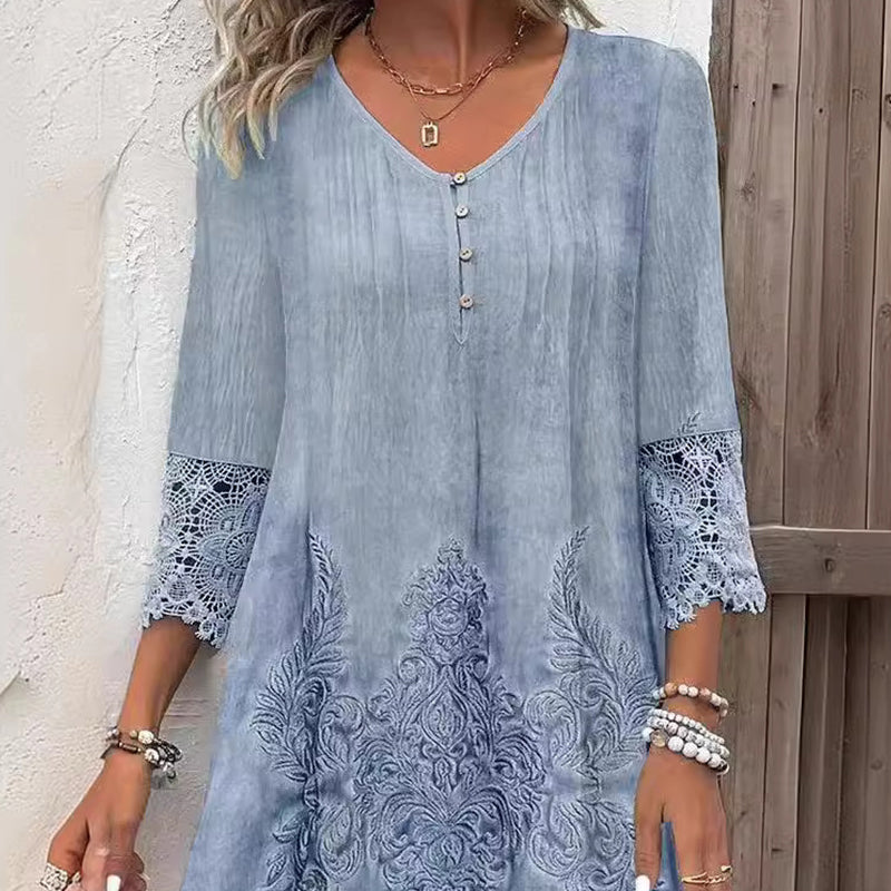 Maia™ - Elegant lace dress with half sleeves and V-neckline for women.