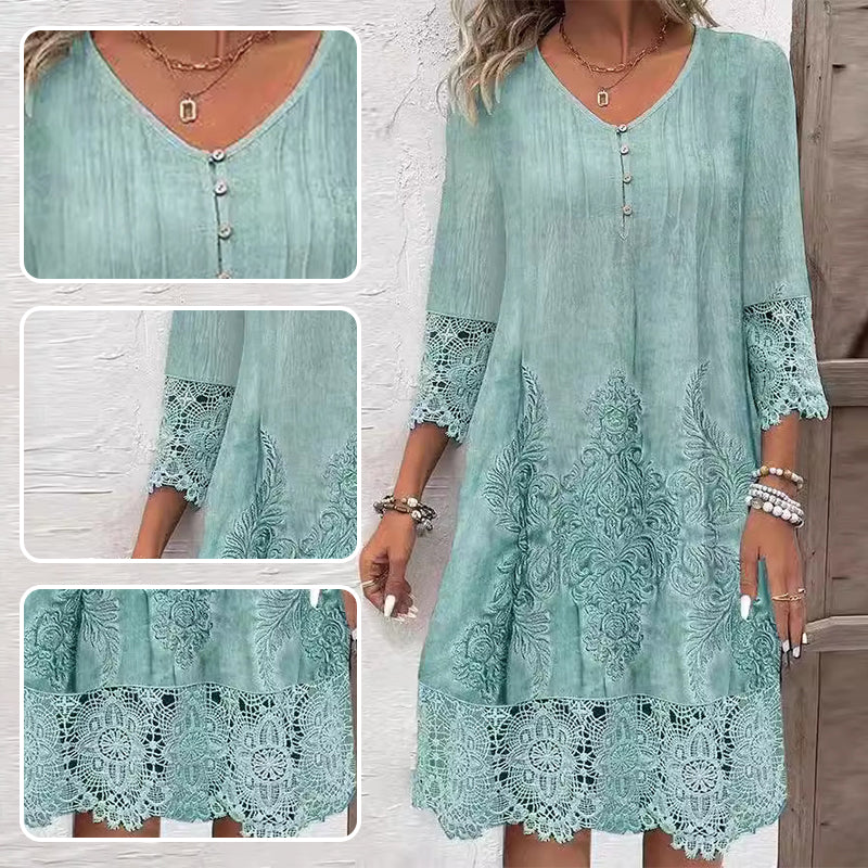 Maia™ - Elegant lace dress with half sleeves and V-neckline for women.