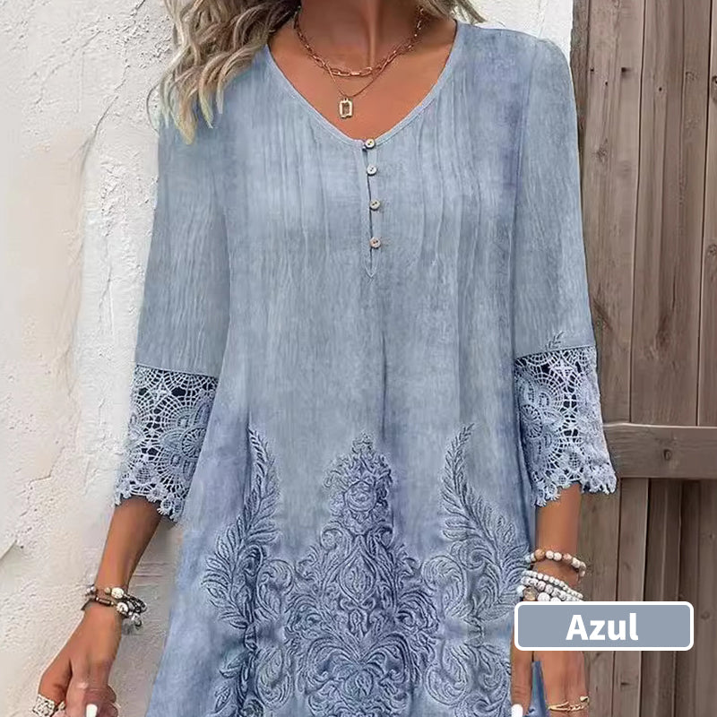 Maia™ - Elegant lace dress with half sleeves and V-neckline for women.