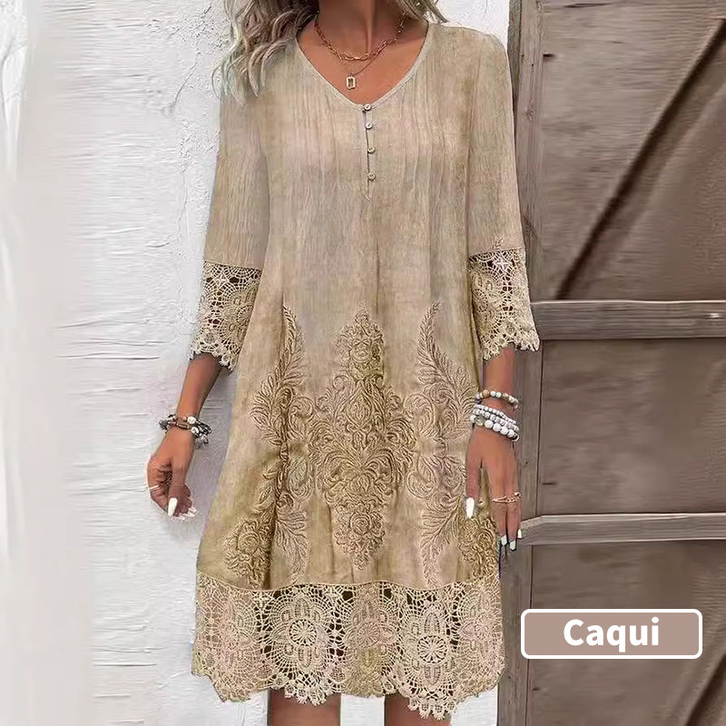 Maia™ - Elegant lace dress with half sleeves and V-neckline for women.