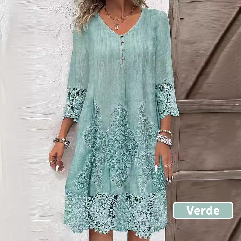 Maia™ - Elegant lace dress with half sleeves and V-neckline for women.