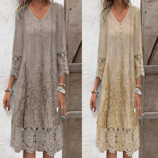 Maia™ - Elegant lace dress with half sleeves and V-neckline for women.