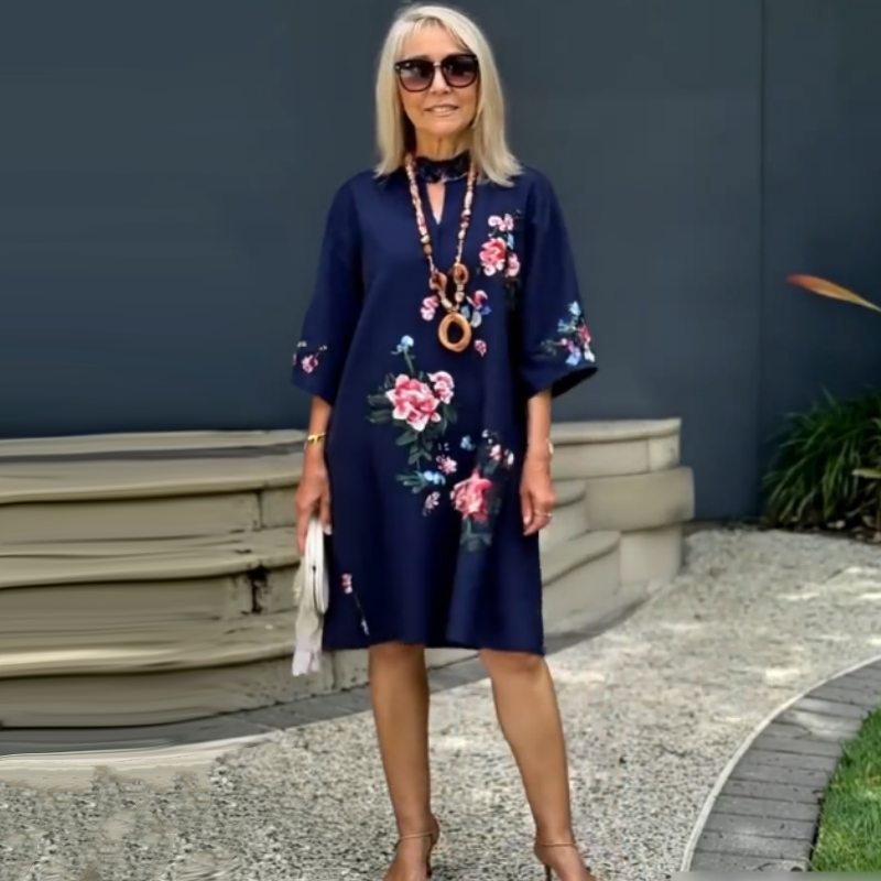 Yolanda™ - Ruimvallende jurk met V-hals van katoen en linnen met bloemenprint