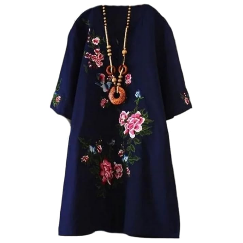 Yolanda™ - Ruimvallende jurk met V-hals van katoen en linnen met bloemenprint