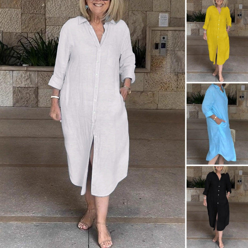 Talya - Elegant Long Cotton Linen Shirt Dress