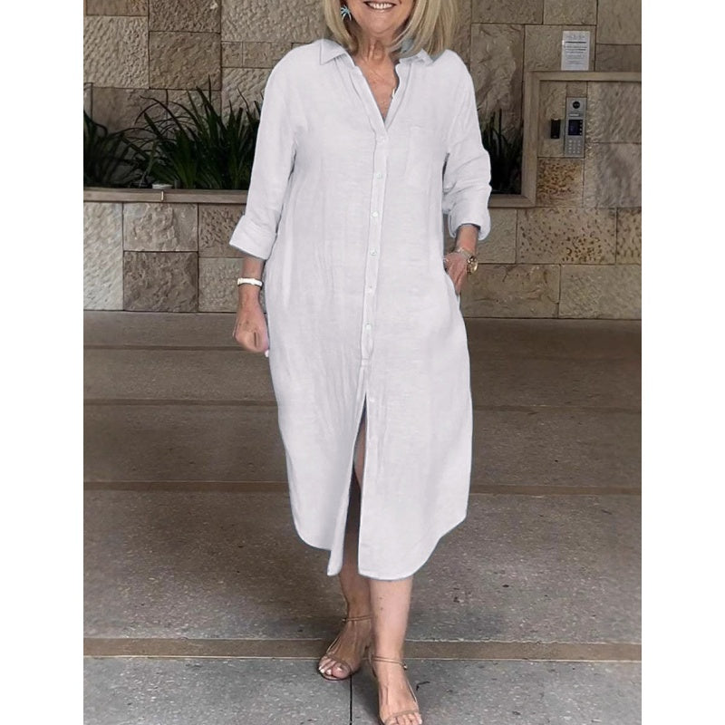 Talya - Elegant Long Cotton Linen Shirt Dress
