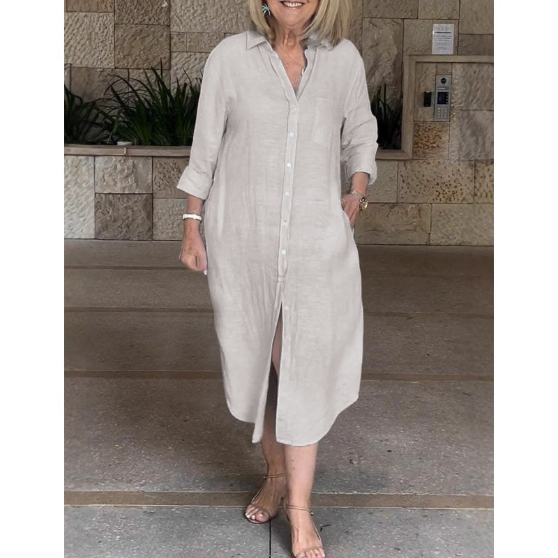 Talya - Elegant Long Cotton Linen Shirt Dress