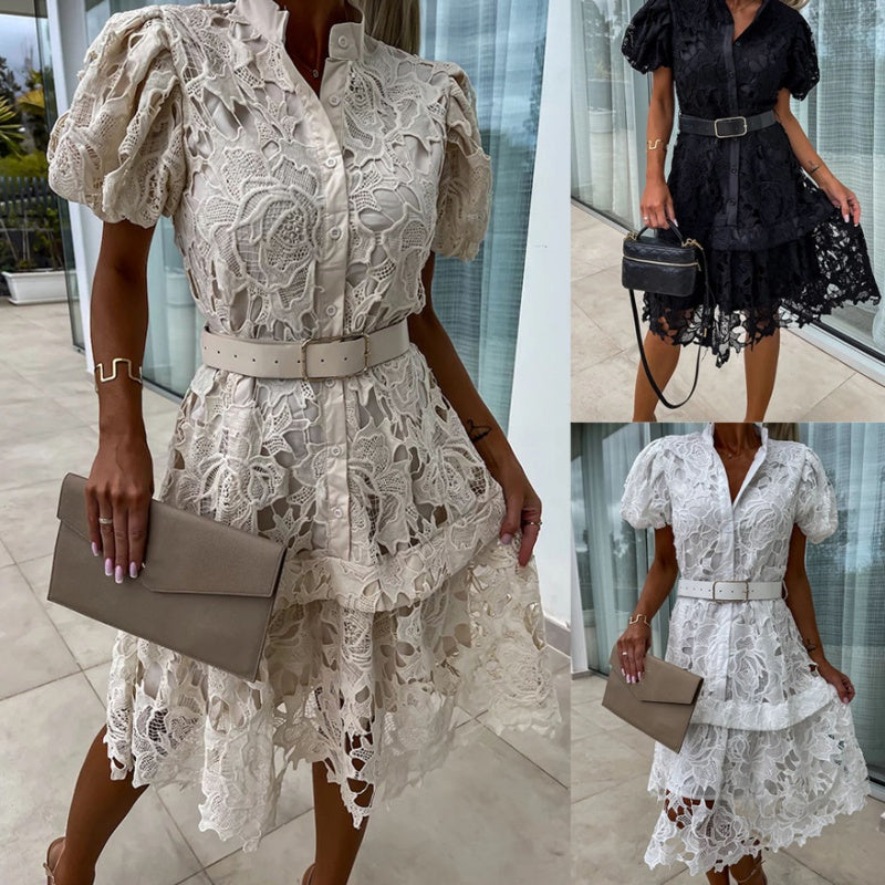 Nikita - Women's Retro Short Sleeve Hollow-Out Lace Dress
