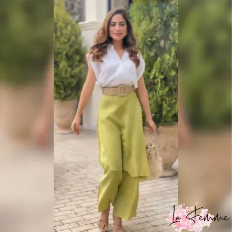 Myla - Elegant Women's Set: V-has Top and Elephant Feet Pants