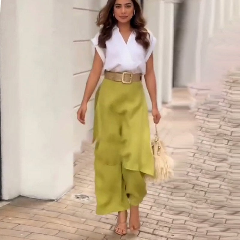 Myla - Elegant Women's Set: V-has Top and Elephant Feet Pants