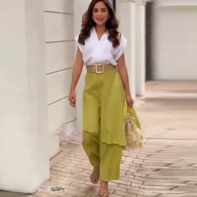 Myla - Elegant Women's Set: V-has Top and Elephant Feet Pants