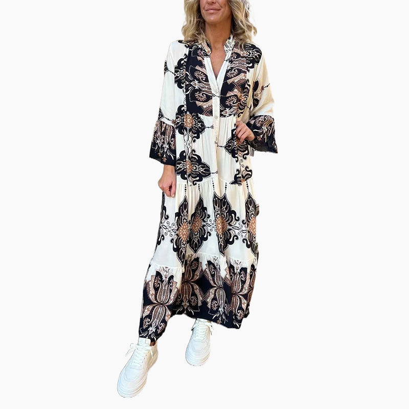 Anirelle - Elegant women's dress with a loose, flowing print, V-neck, and flared sleeves