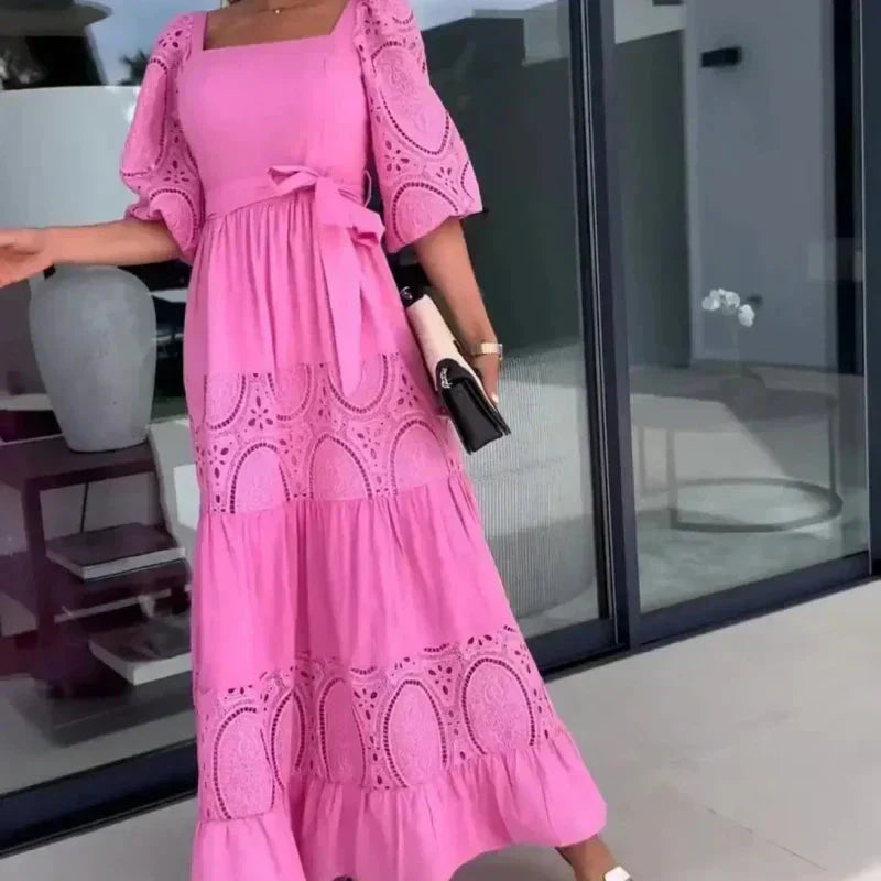 Therenia™ - Lange patchworkjurk met riem en vierkante halslijn