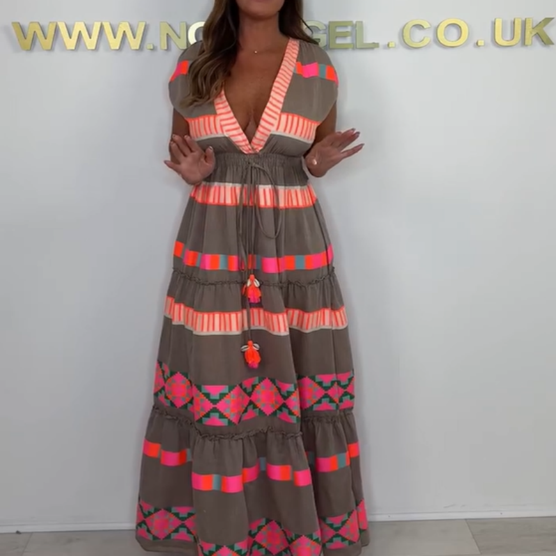 Valeria - Striped Vintage Pattern Sleeveless V-Neck Dress