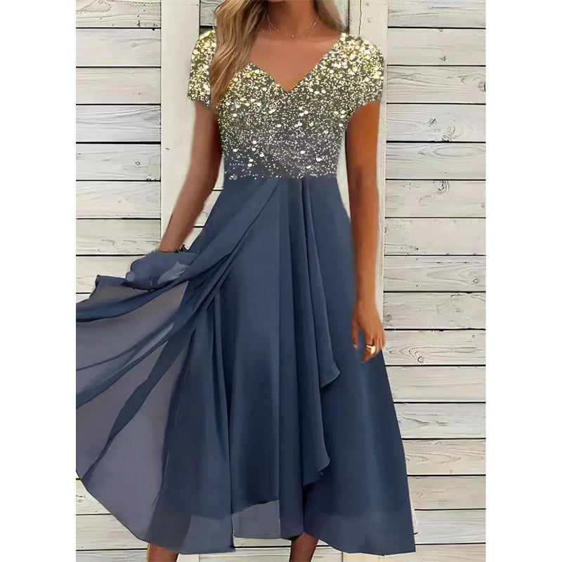 Halina - Elegant Printed V-Neck Dress