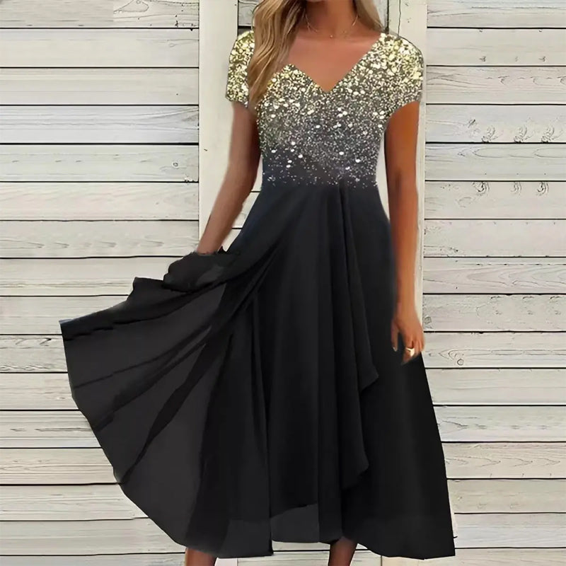 Halina - Elegant Printed V-Neck Dress