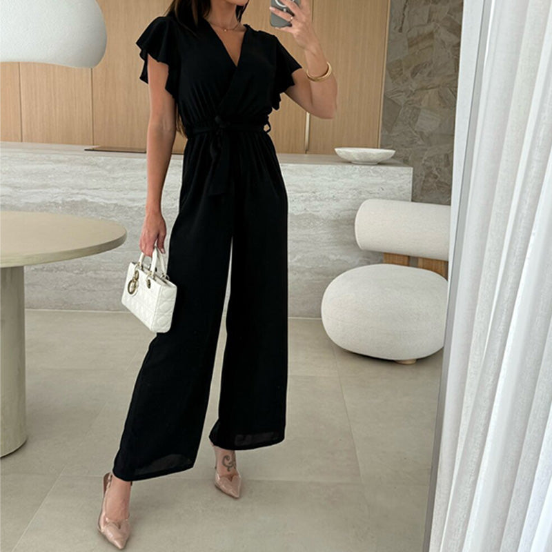 Isolina™ - Plain Jumpsuit with V-neckline, Ruffled Sleeves and Wide Legs