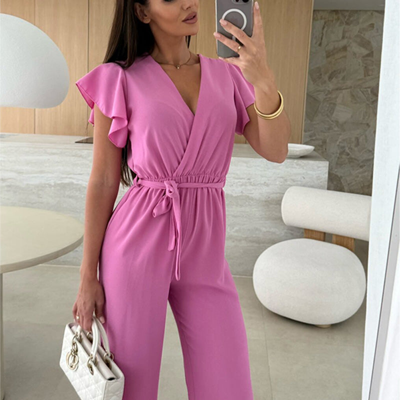 Isolina™ - Plain Jumpsuit with V-neckline, Ruffled Sleeves and Wide Legs