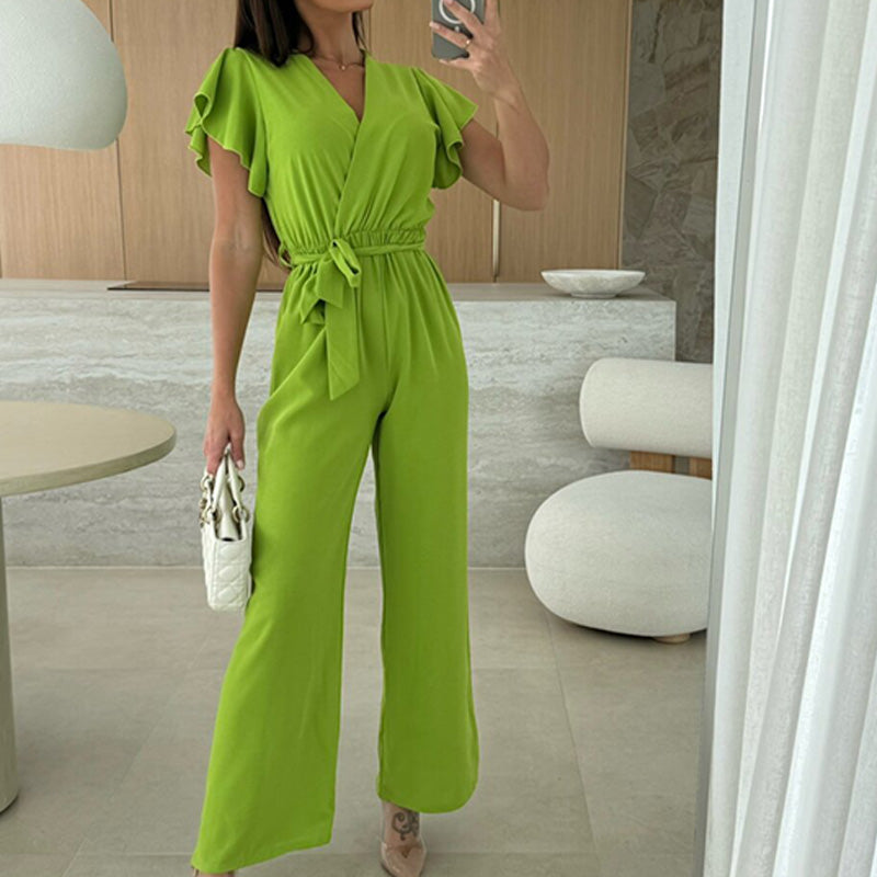 Isolina™ - Plain Jumpsuit with V-neckline, Ruffled Sleeves and Wide Legs