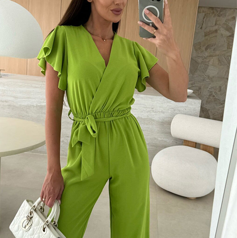 Isolina™ - Plain Jumpsuit with V-neckline, Ruffled Sleeves and Wide Legs