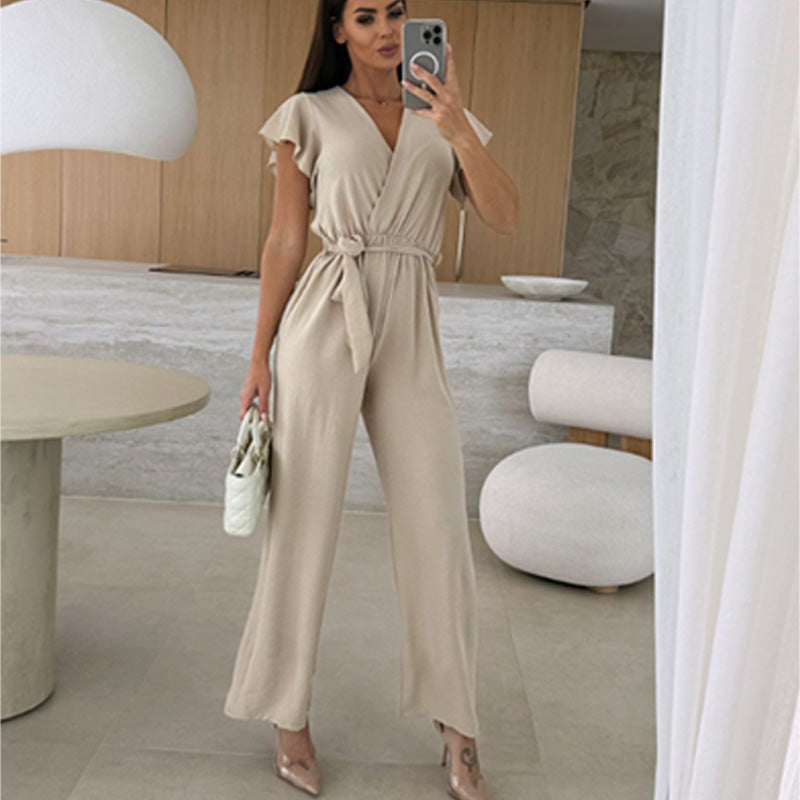 Isolina™ - Plain Jumpsuit with V-neckline, Ruffled Sleeves and Wide Legs