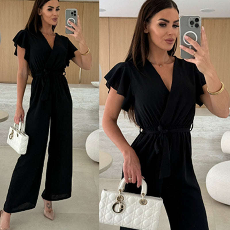 Isolina™ - Plain Jumpsuit with V-neckline, Ruffled Sleeves and Wide Legs