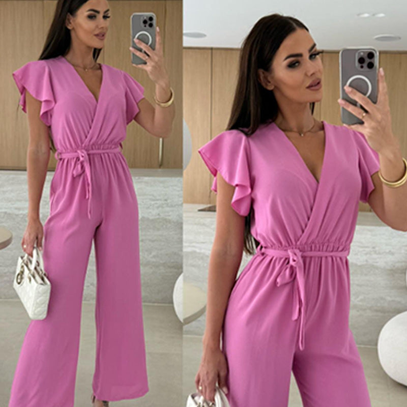 Isolina™ - Plain Jumpsuit with V-neckline, Ruffled Sleeves and Wide Legs