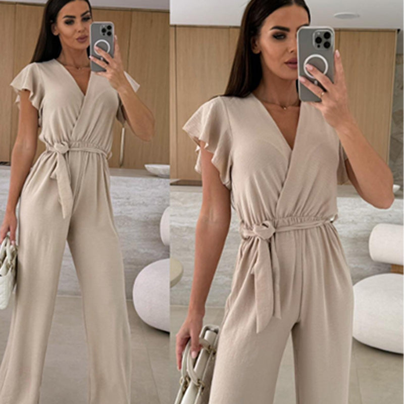 Isolina™ - Plain Jumpsuit with V-neckline, Ruffled Sleeves and Wide Legs