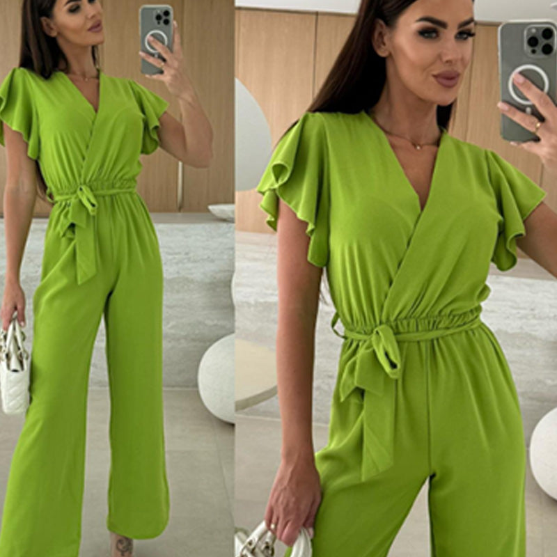 Isolina™ - Plain Jumpsuit with V-neckline, Ruffled Sleeves and Wide Legs
