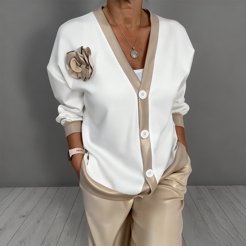 Neravine - Chic Ensemble with V-Neck and High-Waisted Trousers