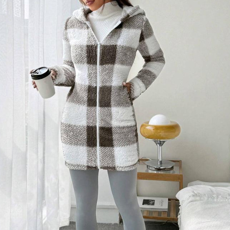 Doralisse - Long Checked Coat with Hood