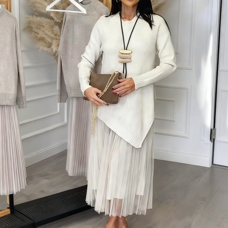 Evelyara - Asymmetrical Sweater and Pleated Midi Dress