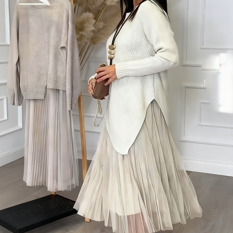 Evelyara - Asymmetrical Sweater and Pleated Midi Dress