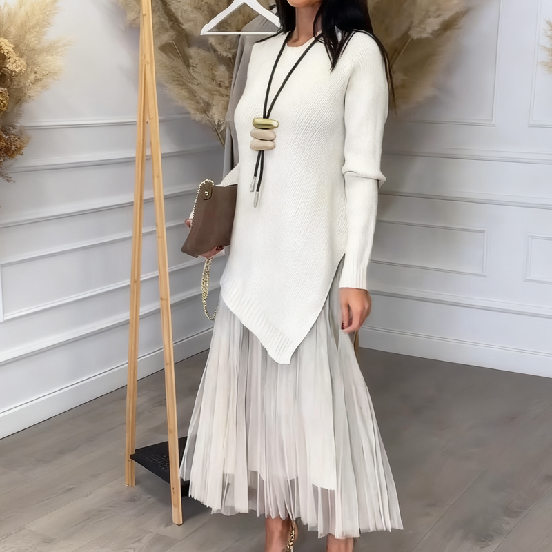 Evelyara - Asymmetrical Sweater and Pleated Midi Dress