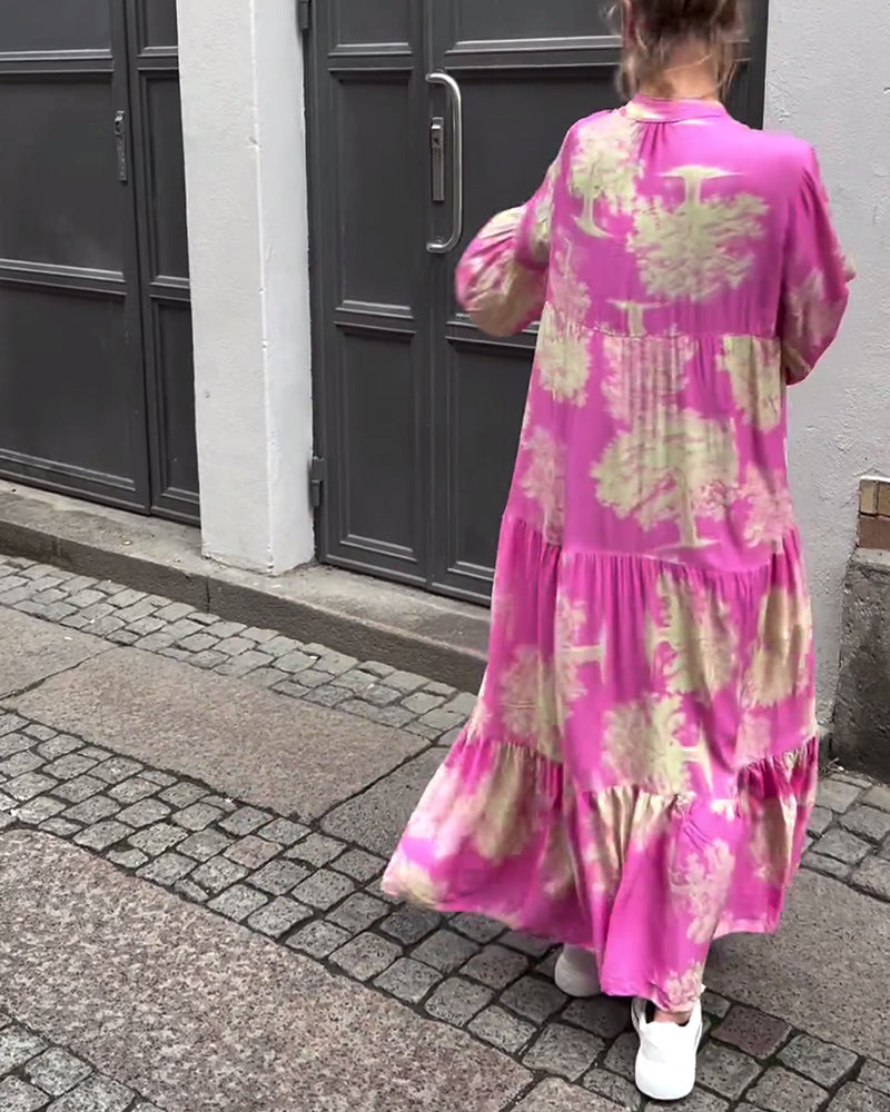 Greta - Ample Patchwork Dress with V-Neck and Printed Bell Sleeves