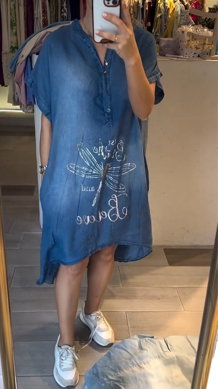 Delphina - V-neck Button Down Jean Casual Dress for everyday style