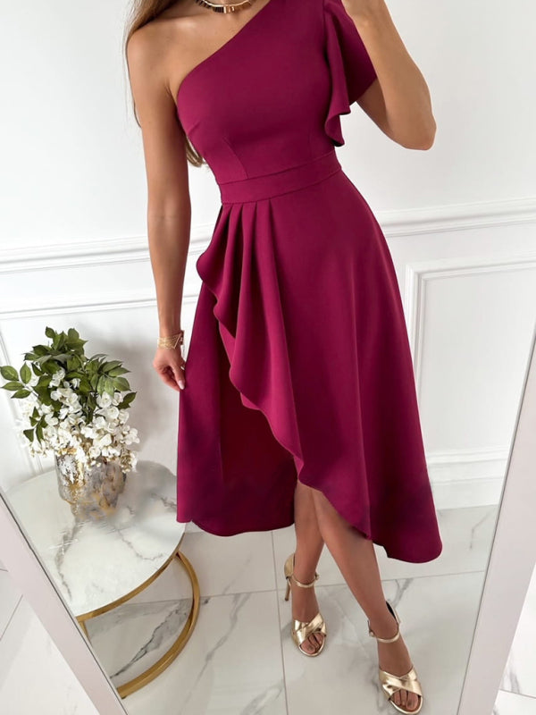 Honara - Elegant One Shoulder Dress in Solid Color