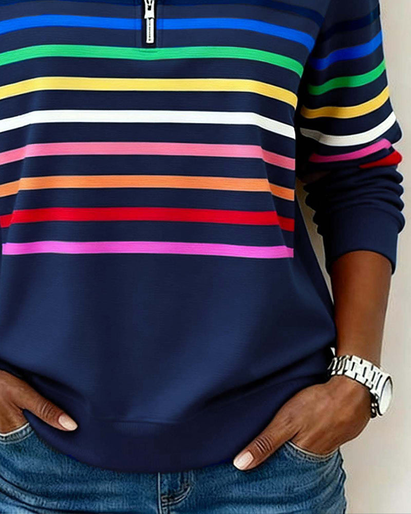 Isavelline - Casual Zip-Up Sweatshirt with Colourful Stripes