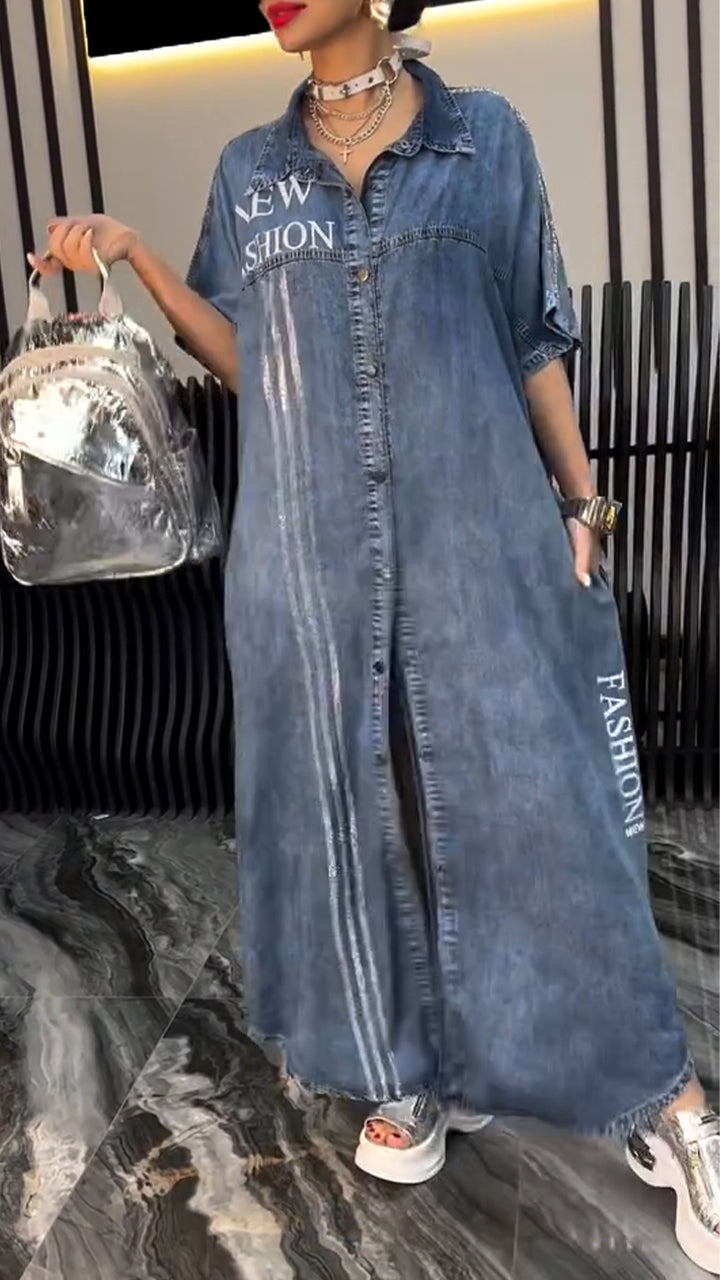 Fiora - Women's Denim Tencel Dress with Lapel