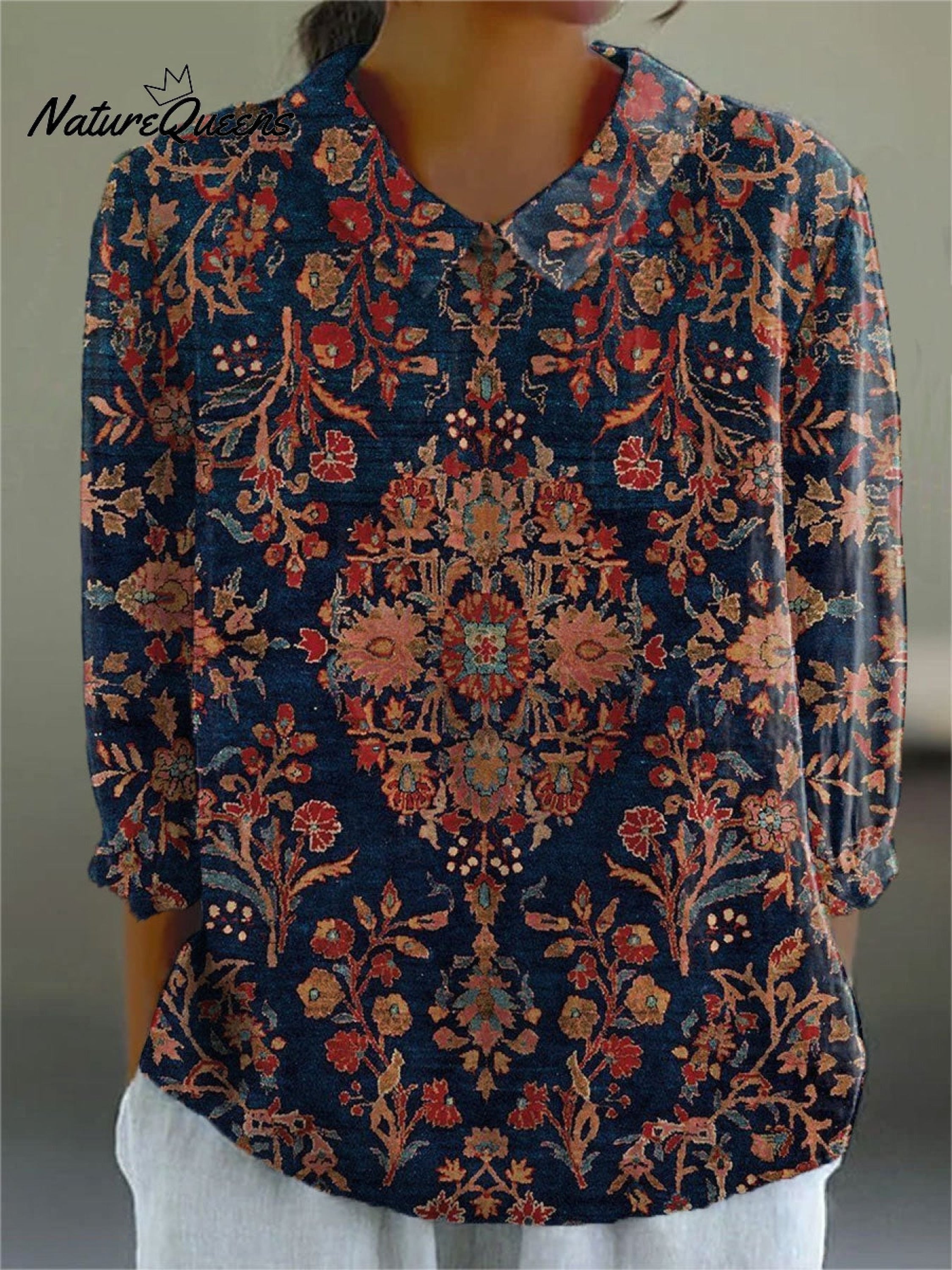 Jovelle - Vintage Floral Print Linen Tunic Dress for Women