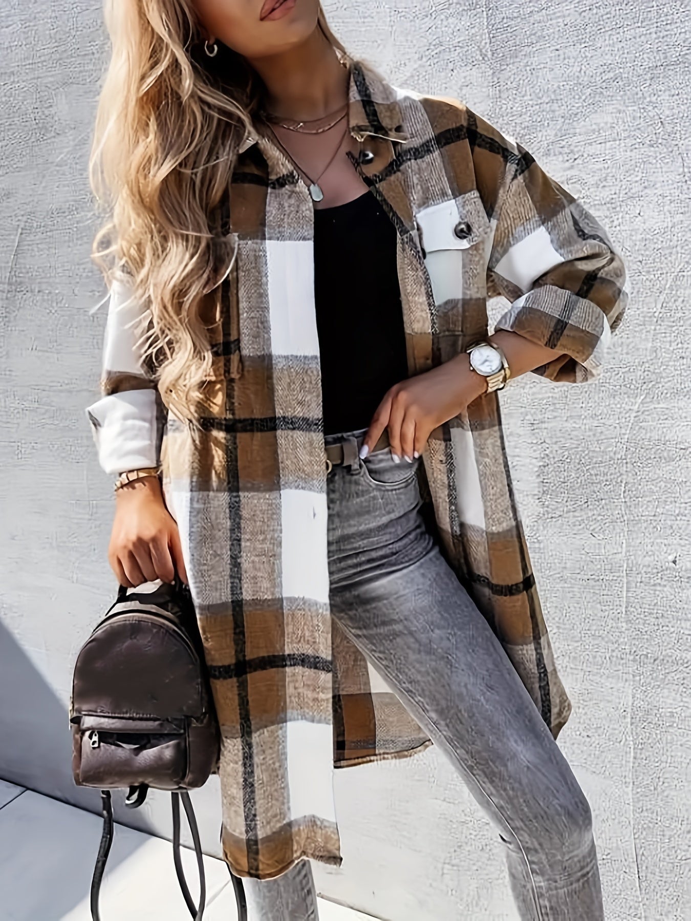 Evelora™ - Long Check Print Coat for Women