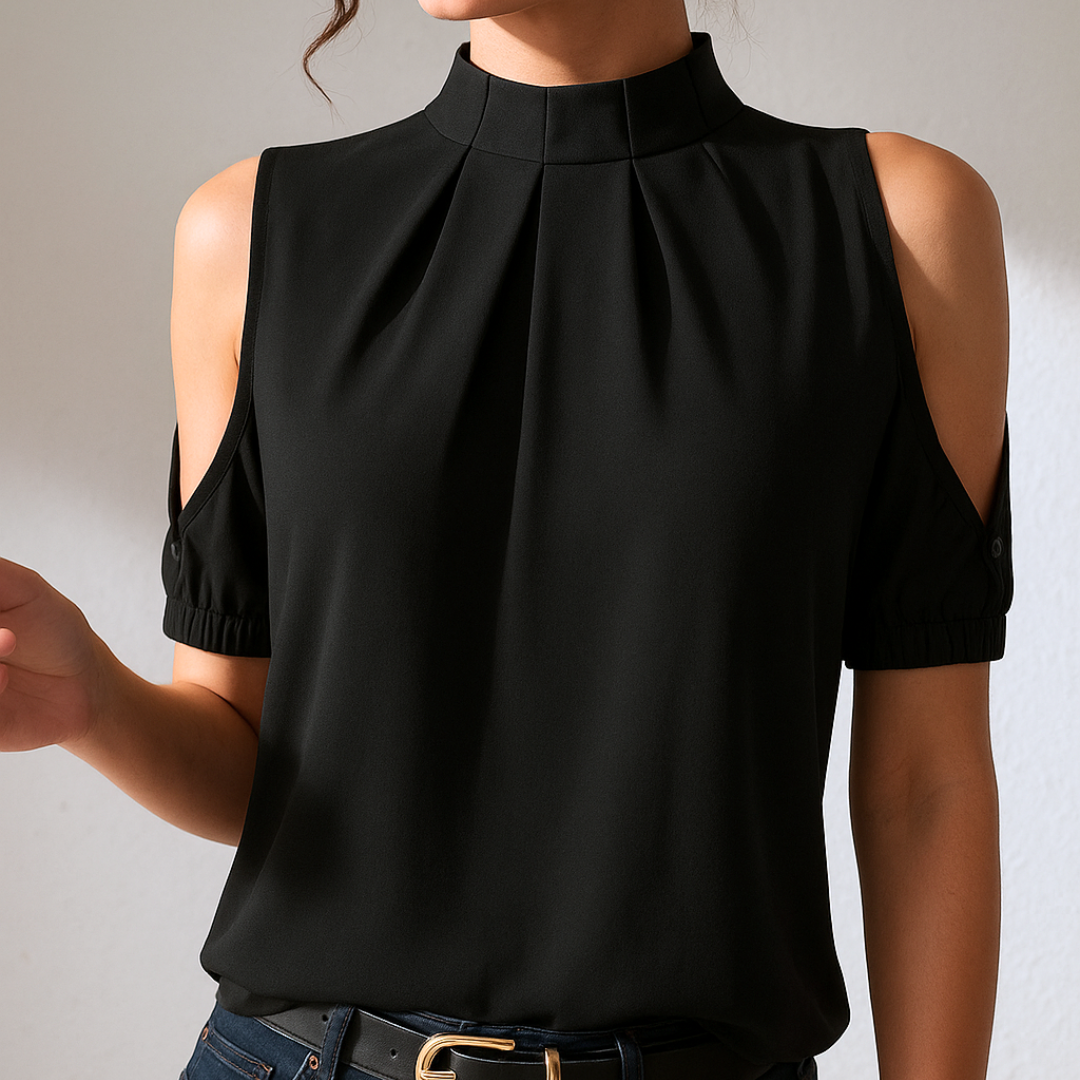 Evelia™ - Black pleated blouse with split sleeves