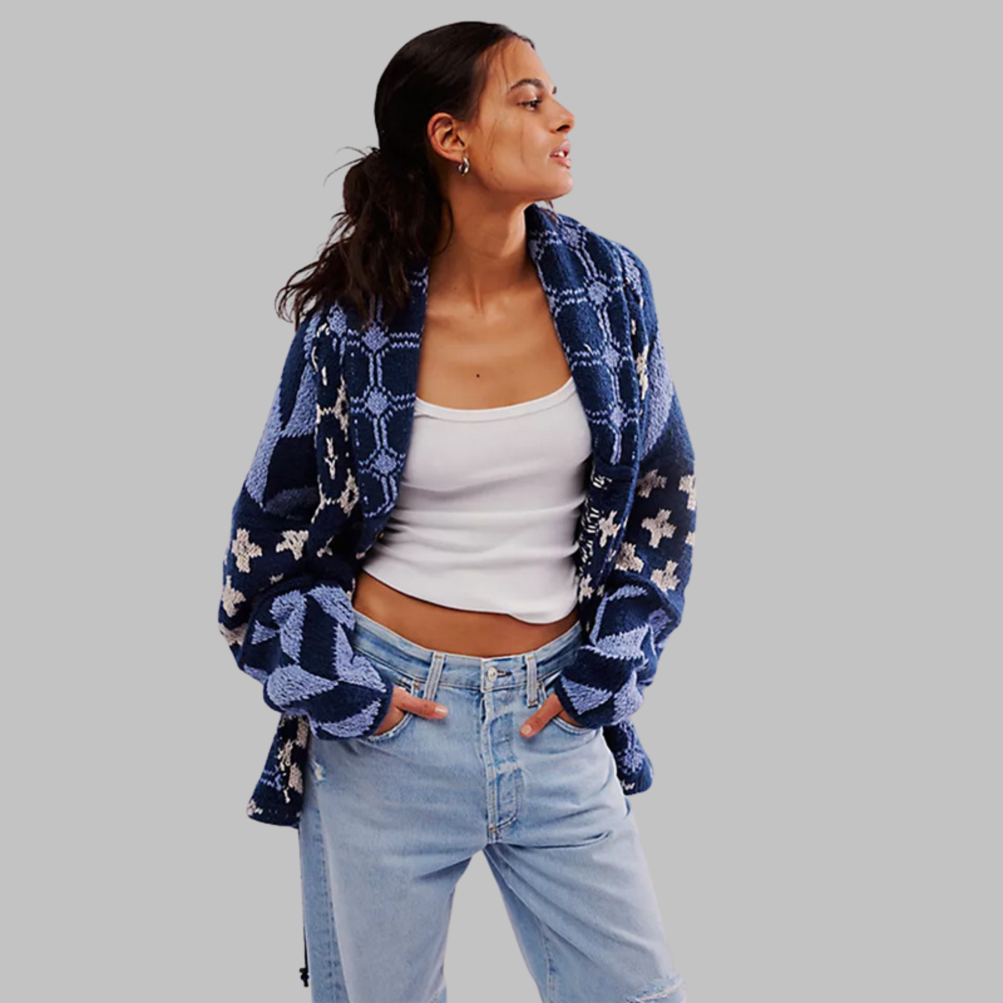 Quenalya - Oversized Cardigan with Vintage Buttoned Collar