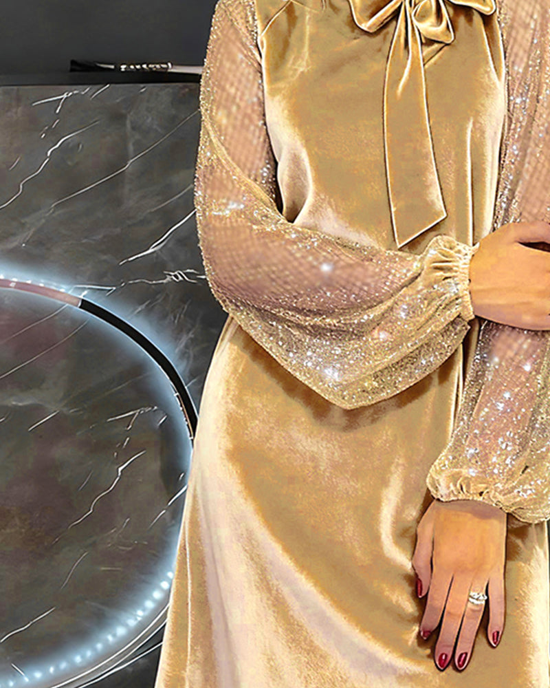 Helisorae - Elegant Patchwork Dress with Lantern Sleeves