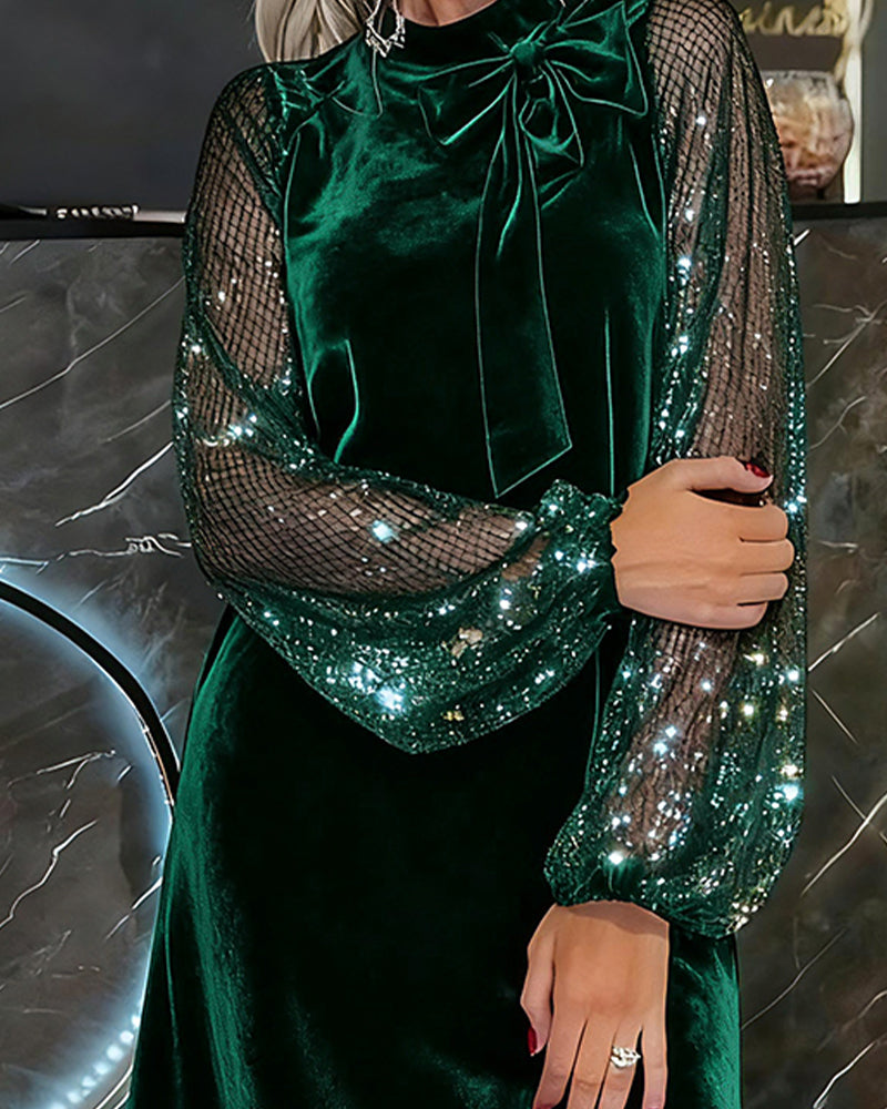 Helisorae - Elegant Patchwork Dress with Lantern Sleeves