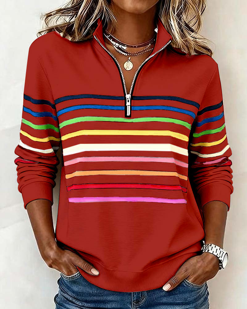 Isavelline - Casual Zip-Up Sweatshirt with Colourful Stripes