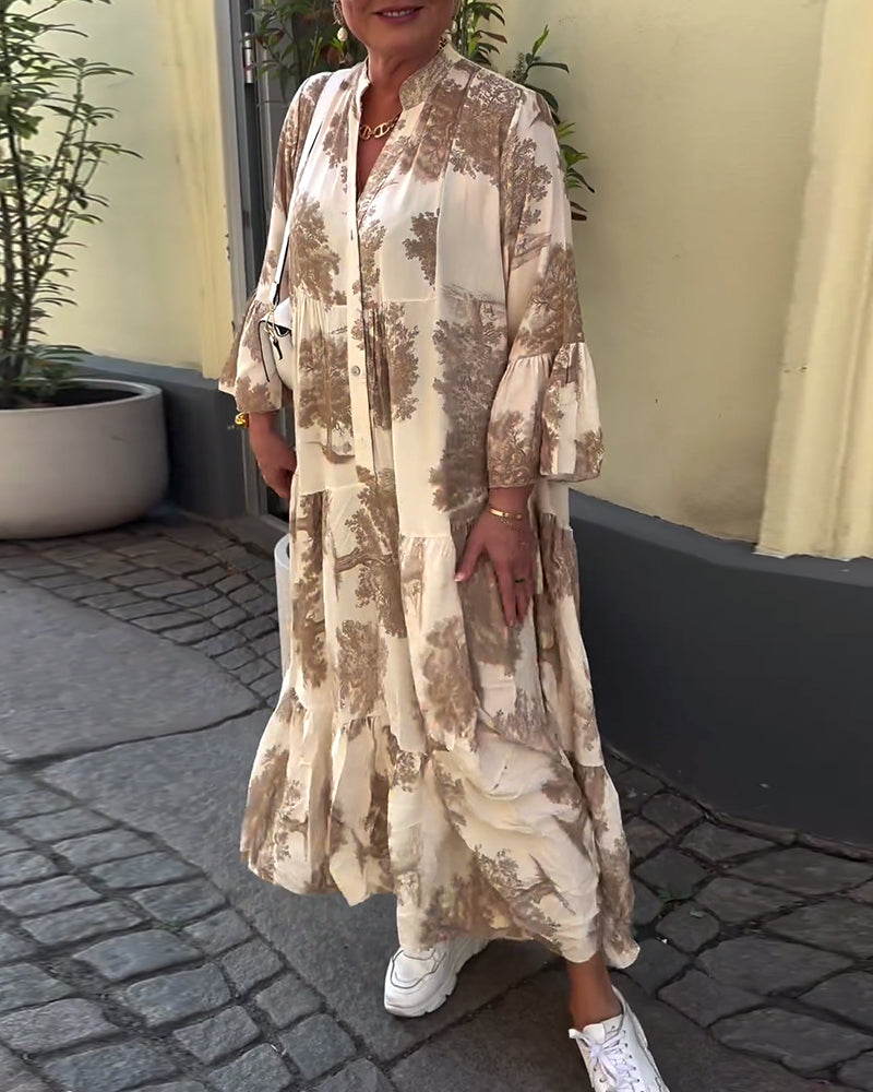 Greta - Ample Patchwork Dress with V-Neck and Printed Bell Sleeves