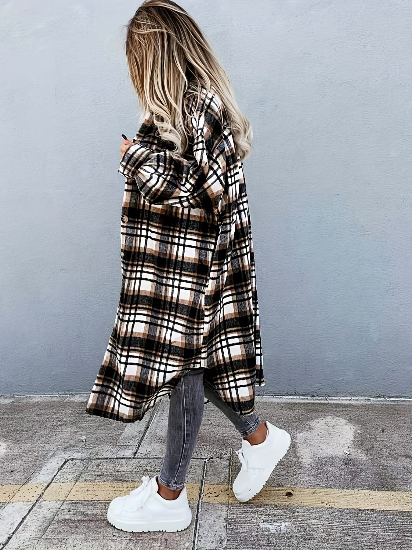Evelora™ - Long Check Print Coat for Women
